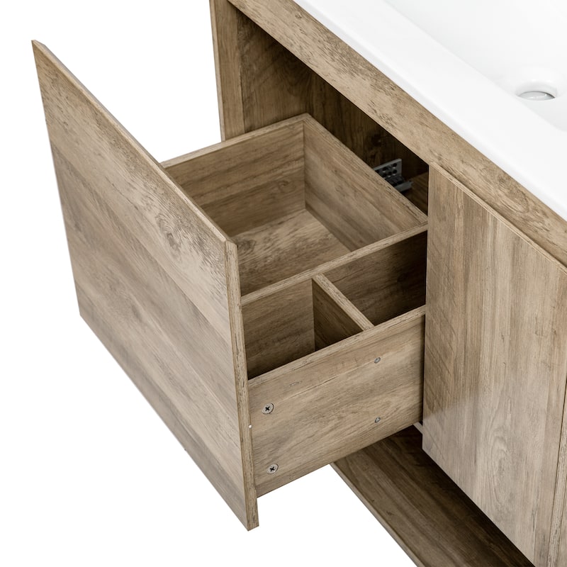 30" Bathroom Vanity with Ceramic Basin Sink Top, Natural Wood Bathroom Storage Cabinet with Open Shelf - 30 Inch