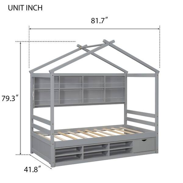 dimension image slide 1 of 3, Twin Size House Bed with Roof Frame, Bedside-shelves, Under Bed Storage Unit