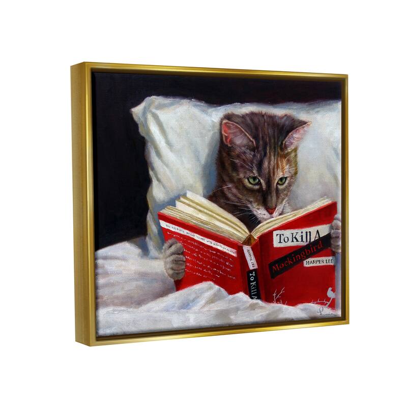 Stupell Cat Reading a Book in Bed Funny Painting Floater Frame - Multi-Color