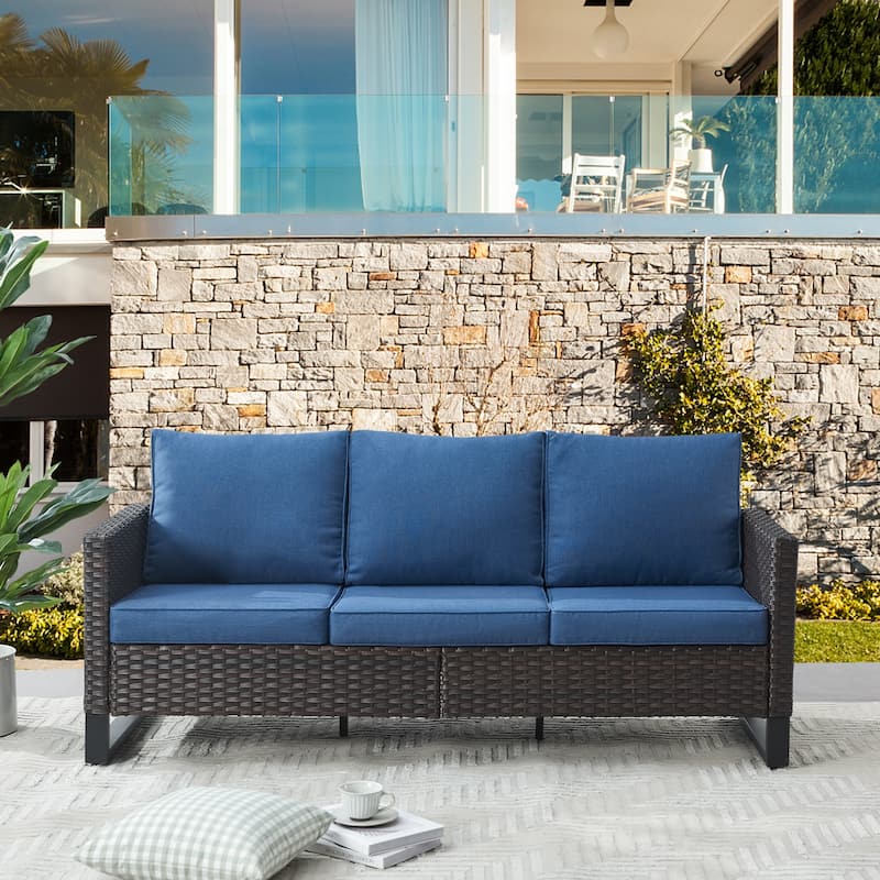 Gymojoy Outdoor PE Rattan Sofa with Thick Cushions - Brown - Blue