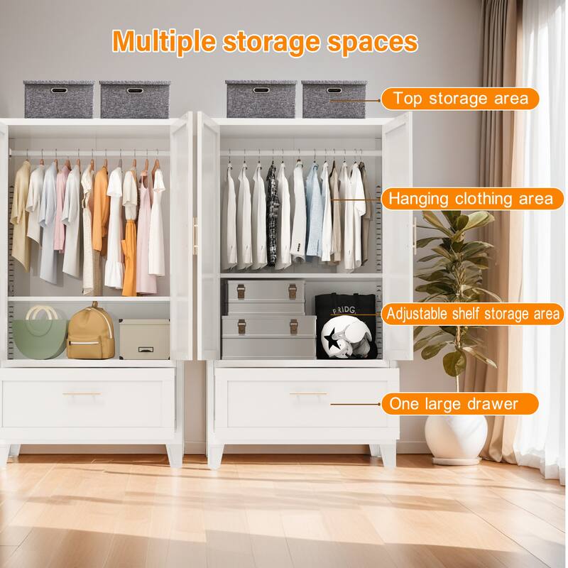 60" Metal Wardrobe Cabinet with Drawer and Hanging Rod, Steel Storage Closet with Adjustable Shelf for Bedroom & Office