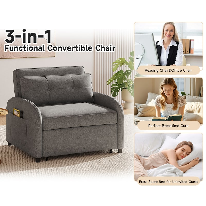 Single Sofa Bed Upholstered Sleeper Chair with Side Pocket, Convertible Chaise Lounge Pull-Out Sofa Bed with Adjustable Backrest