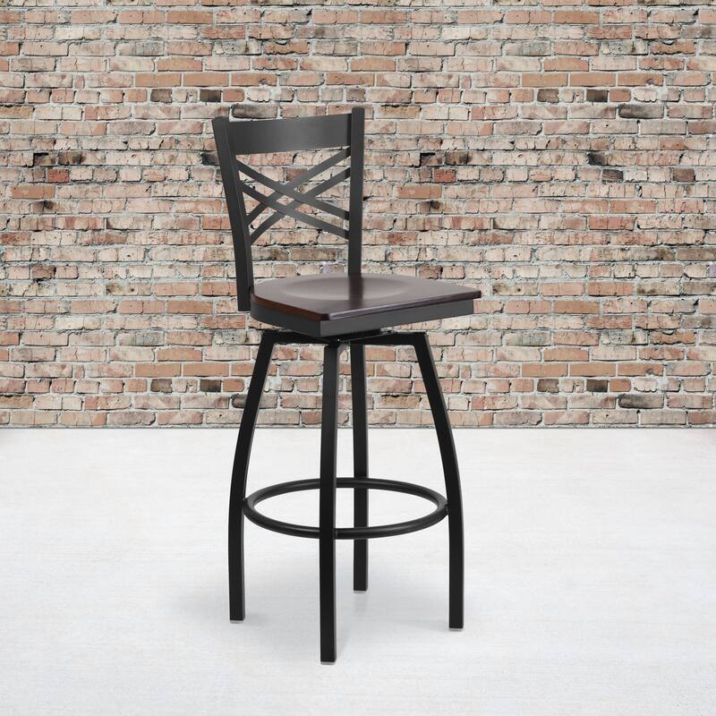 2 Pack ''X'' Back Swivel Metal Barstool - 16.5"W x 20.5"D x 44.5"H - 16.5"W x 20.5"D x 44.5"H - Walnut Wood Seat/ Black Metal Frame