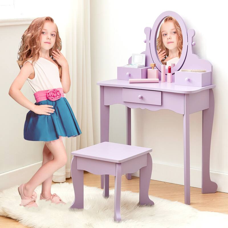 Kids Vanity Set with Mirror & Stool, Wooden Princess Makeup Dressing Table with Drawers for Girls Ages 4-9 - N/A