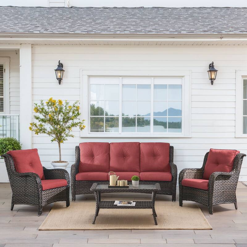 Outdoor Patio Chairs with Sofa Coffee Table - Brown - Red