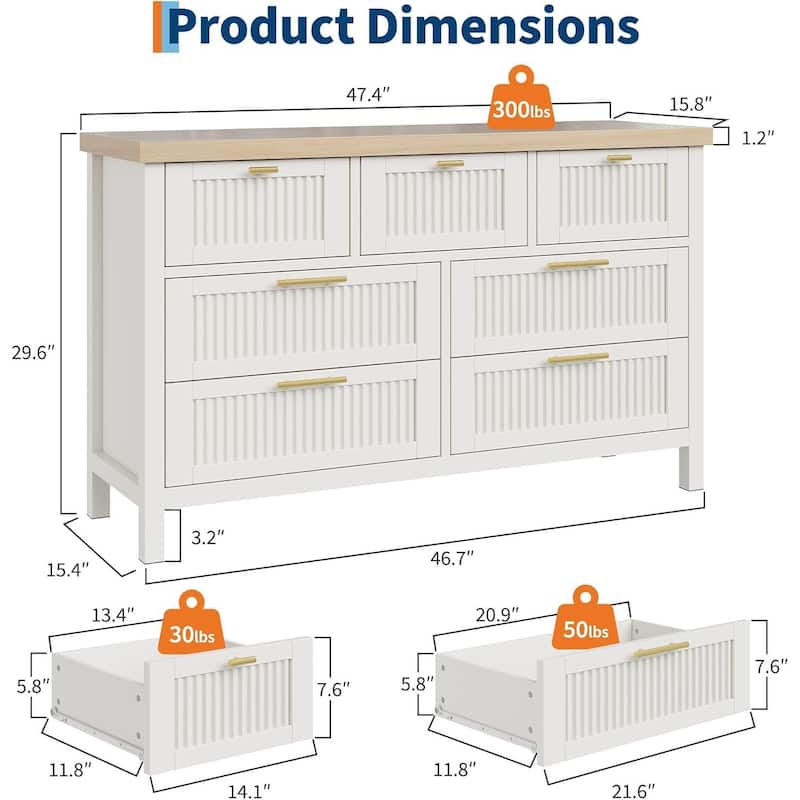 Modern Fluted Dresser with 7 Storage Drawers, Organizer Cabinet for Living Room, Bedroom