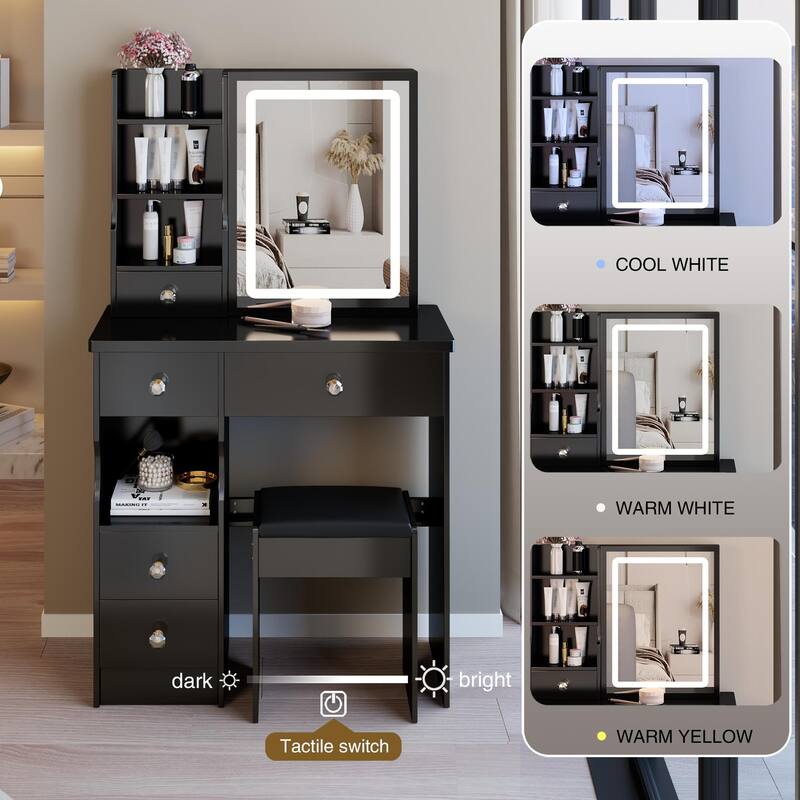 Small Vanity Desk with LED Mirror and Stool, 29.2" Dressing Table with Drawer and Adjustable Lighting
