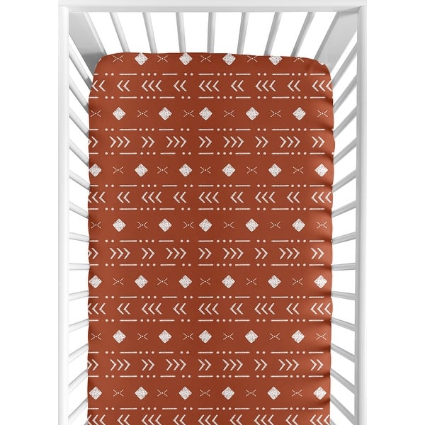 slide 2 of 6, Rust White Boho Tribal Mudcloth Boy or Girl Fitted Crib Sheet - Orange Woodland Bohemian Southwest Geometric Arrow Neutral Aztec