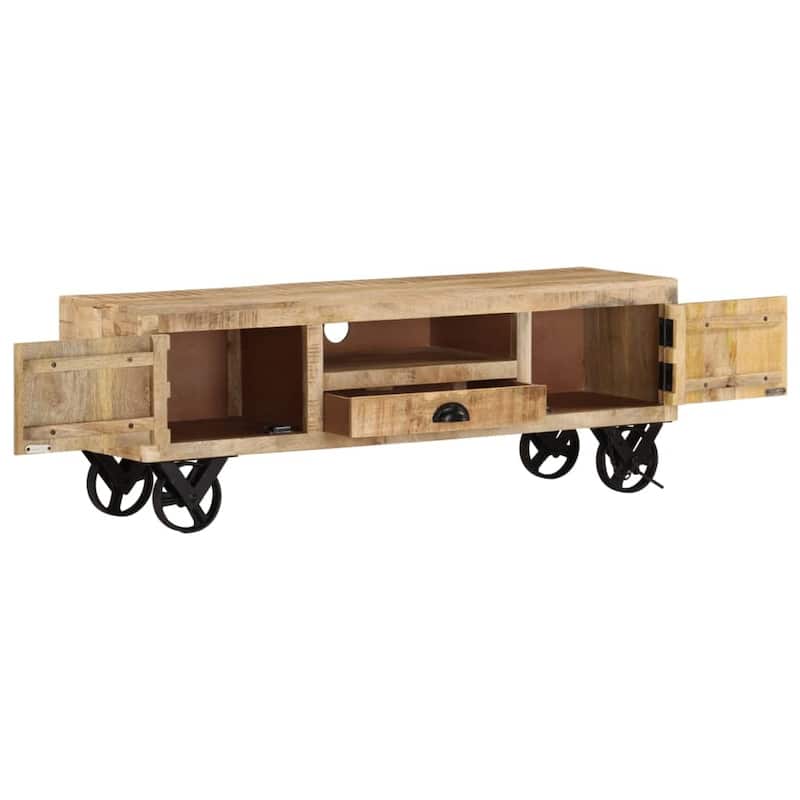 vidaXL TV Stand with Wheels 43.3"x11.8"x14.6" Rough Mango Wood - 43.3" x 11.8" x 14.6"