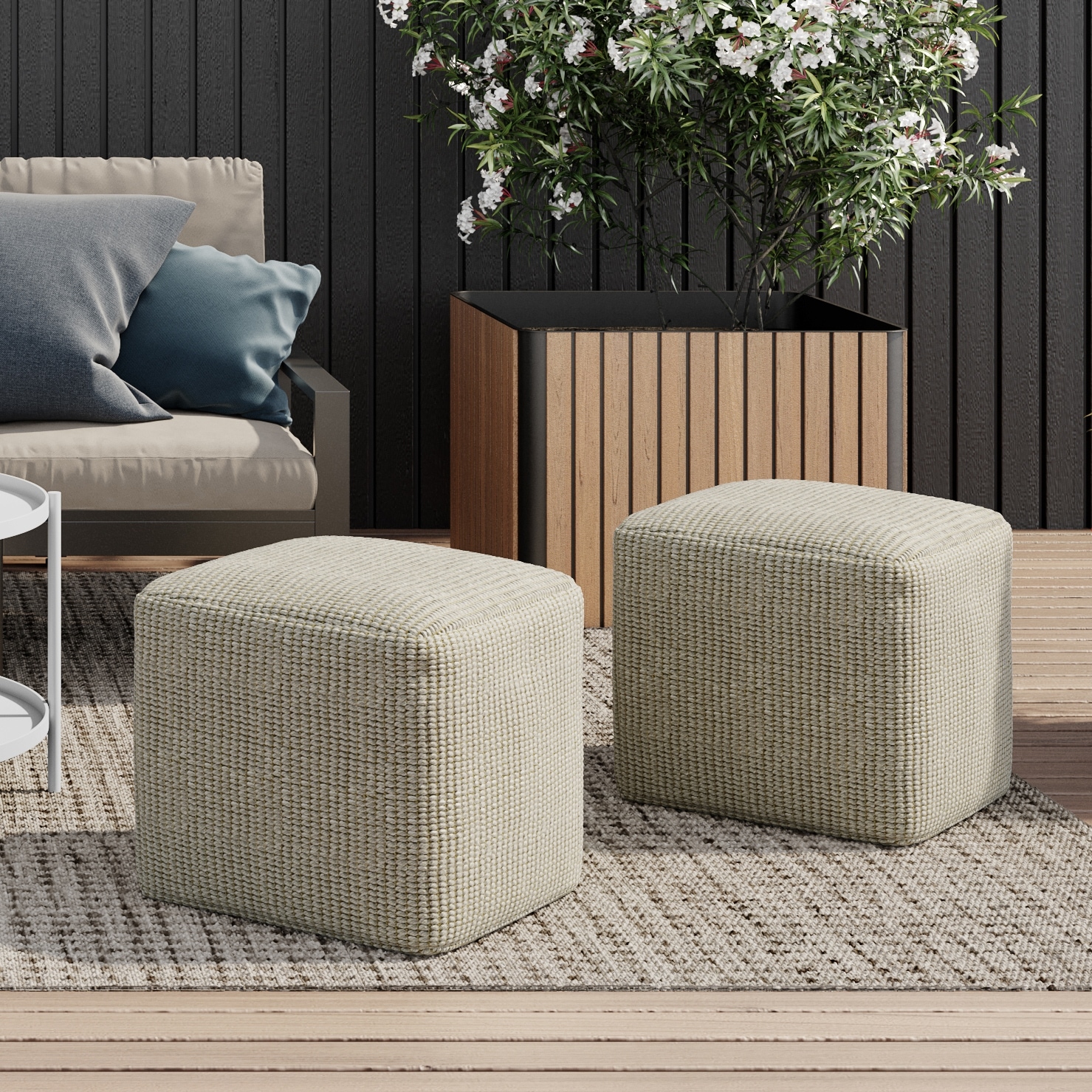 WYNDENHALL Isadora Square Woven Pouf in Cream and Natural Recycled PET Polyester