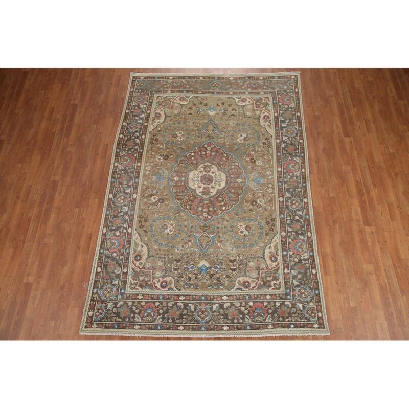 Hand Knotted Oriental 100% Wool Carpet Traditional Floral Green Tabriz Area Rug - 9' 5'' X 6' 4''