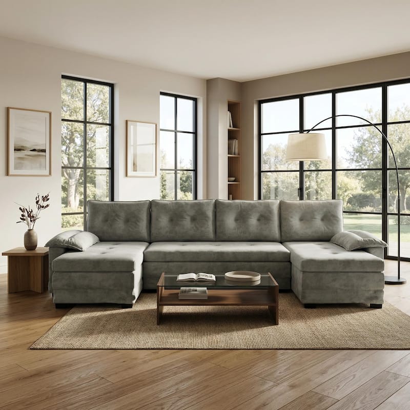 Homy Casa U Shaped Sleeper Sofa with Pull Out Bed USB Ports Convertible Sectional Couch with Chaise Lounge Beige Grey Orange