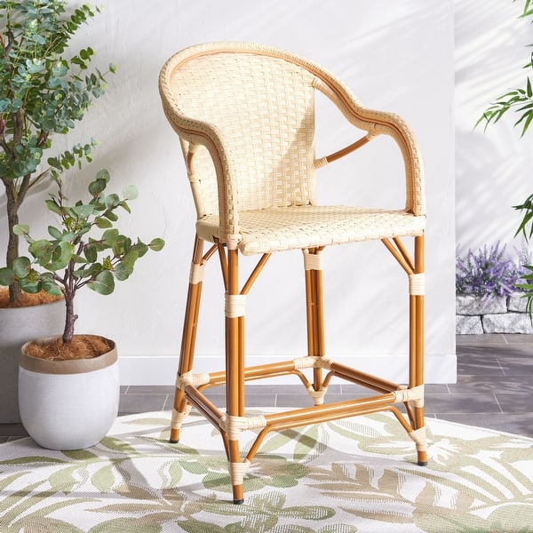 slide 2 of 70, SAFAVIEH California Outdoor Bistro 26-inch Counter Stool with Arms - 23" W x 26" D x 43" H