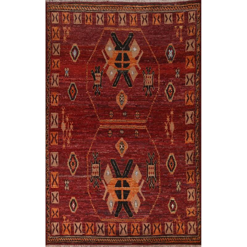 Hand Knotted Oriental 100% Wool Carpet Modern Tribal Red Moroccan Area Rug - 9' 10'' X 6' 11''