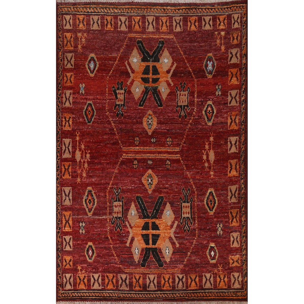 Hand Knotted Oriental 100% Wool Carpet Modern Tribal Red Moroccan Area Rug - 9' 10'' X 6' 11''