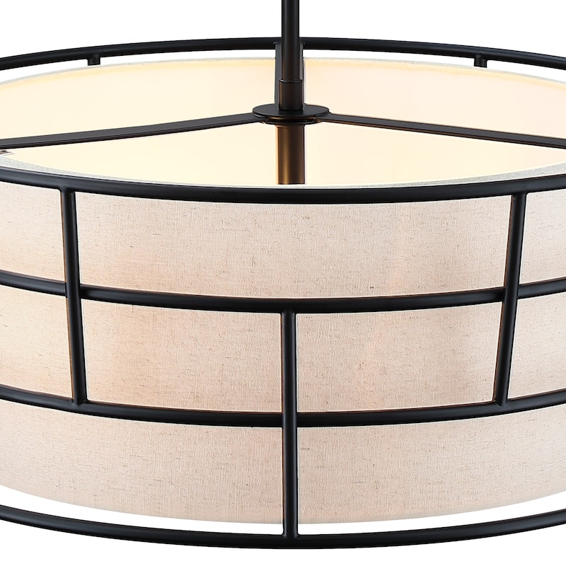 Aria Falls 60 Watt 3-Light Matte Black Drum Pendant with Fabric Shade and Metal Outer Cage - 9.25
