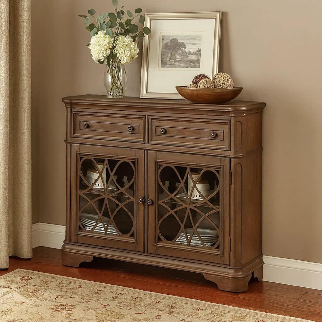 Traaditional Style Wooden Server with Two Spacious Drawers, Brown