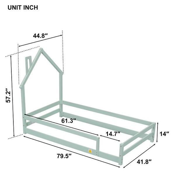 dimension image slide 3 of 5, Twin Size Wood Bed Frame with House-shaped Headboard Floor bed with Fences