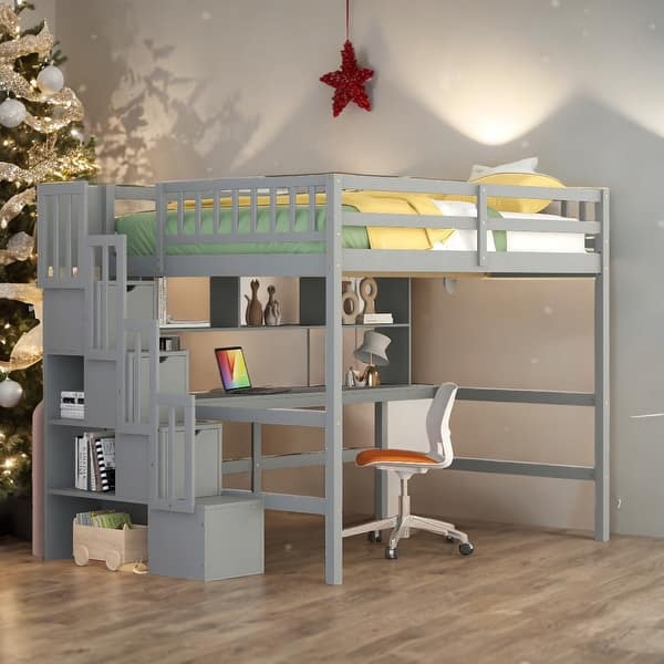 slide 2 of 12, Kid-Friendly Design Full Size Loft Bed with Desk and Drawers Grey