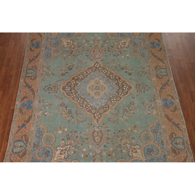Turquoise Green Tabriz Persian Vintage Area Rug Handmade Wool Carpet - 7'6" x 10'10"