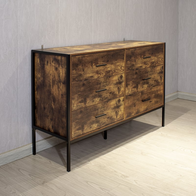 6 Drawer Double Dresser,Wood Storage Dresser Clothes Organizer with Sturdy Steel Frame, Chest with 6 Drawer