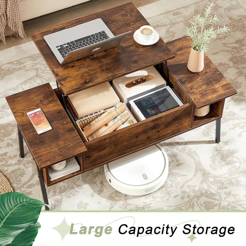 VECELO Modern Lift Top Coffee Table with Hidden Storage 2 Side Shelves Space-Saving Design for Living Room