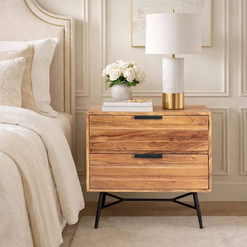 2 Drawer Wooden Nightstand with Metal Angled Legs, Black and Brown