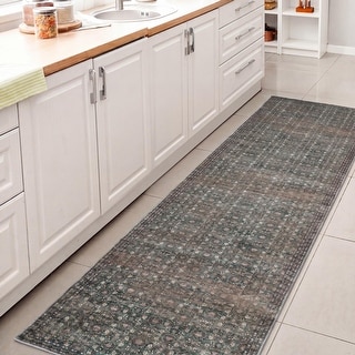 Petunia Distressed All-Over Floral Border Non-Slip Machine-Washable Rug