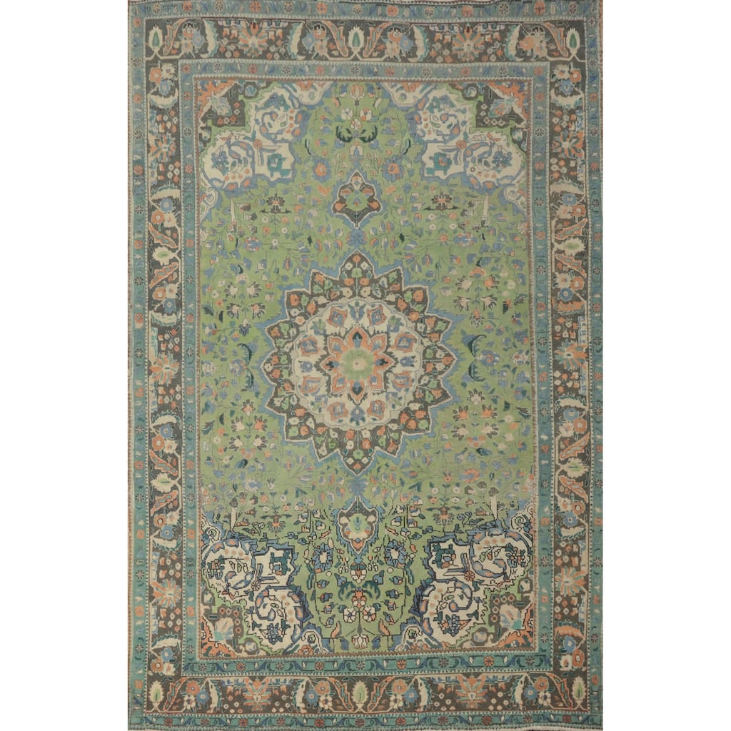 Hand Knotted Oriental 100% Wool Carpet Traditional Floral Green Tabriz Area Rug - 9' 2'' X 6' 7''