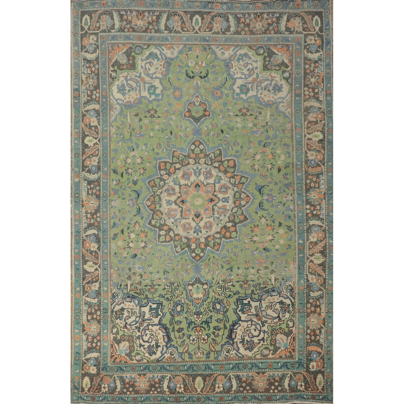 Hand Knotted Oriental 100% Wool Carpet Traditional Floral Green Tabriz Area Rug - 9' 2'' X 6' 7''