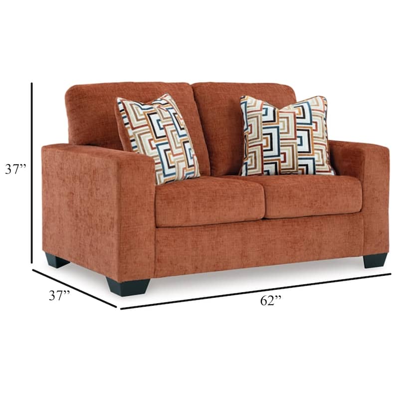Avie Loveseat, 2 Accent Pillows, Burnt Orange Polyester, 62 Inch