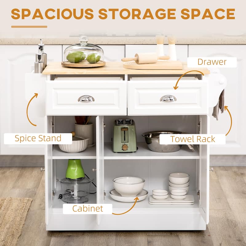 Kitchen Island with Storage, Rolling Kitchen Serving Cart with Rubber Wood Top, Storage Drawer and Cabinet