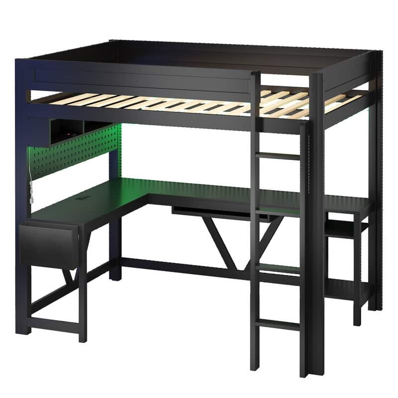 Wood Full Size Gaming Loft Bed with Desk, Storage Shelves, LED and Charging Station