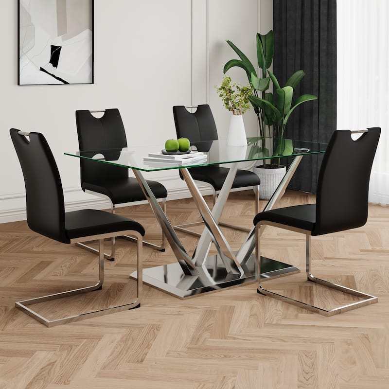63" Glass Dining Table Set for 4, 5 Piece Dining Table and Chairs Set, Rectangular Table with 4 Faux Leather Chairs & Metal Legs