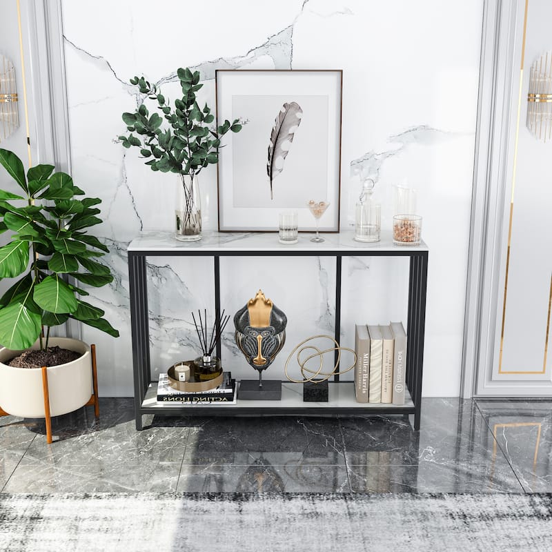 2 Tier Entryway Home Sofa Console Storage Table with Metal Black Frame - Black/White