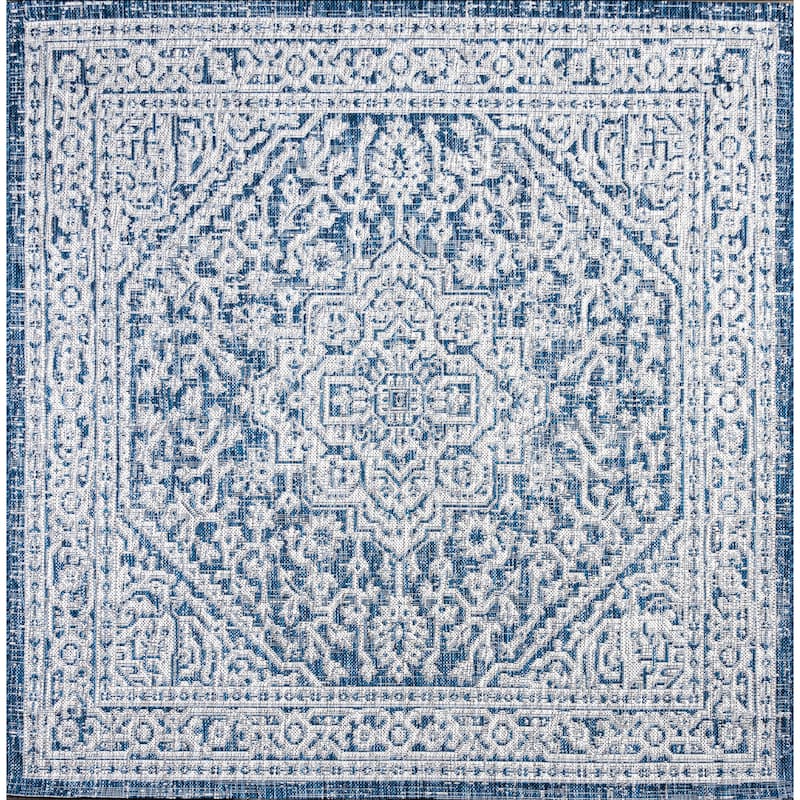 JONATHAN Y Rozetta Medallion Textured Weave Indoor/Outdoor Area Rug - 5' Square - Navy/Gray