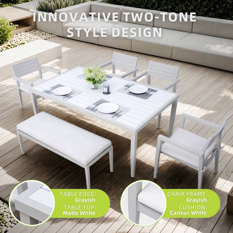 GDFStudio - Matte White & Grayish 6-Piece Patio Aluminum Dining Set with Sunbrella Cushions