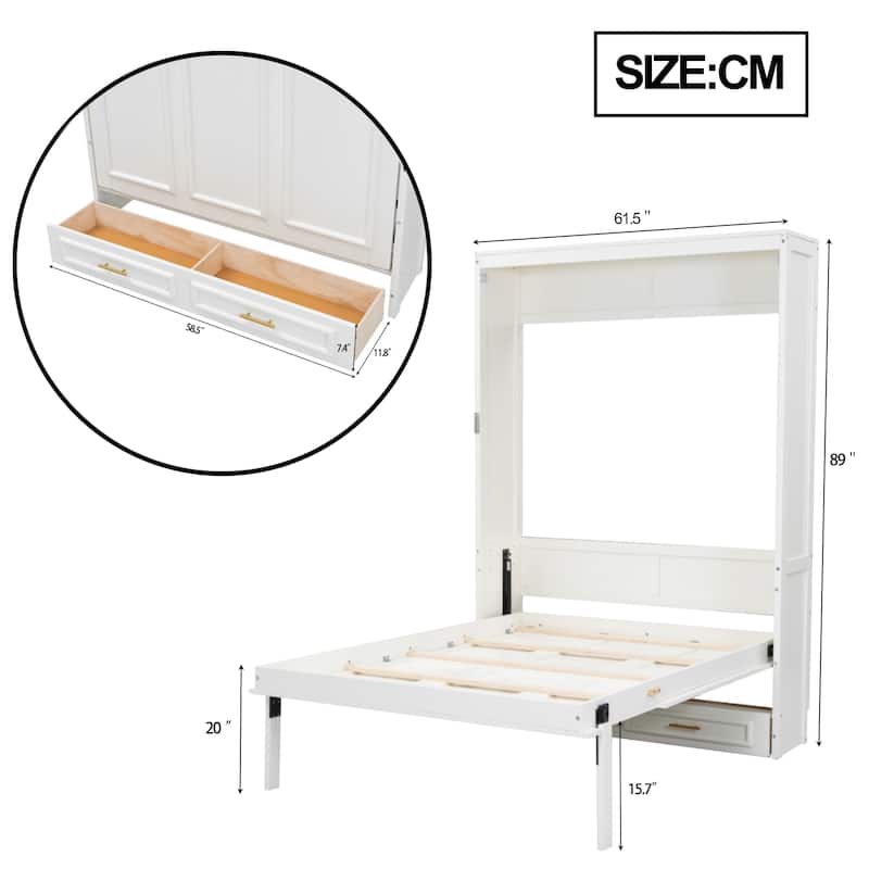 Full Size Murphy Bed with 2 Storage Drawers and Folding Wardrobe, Beige