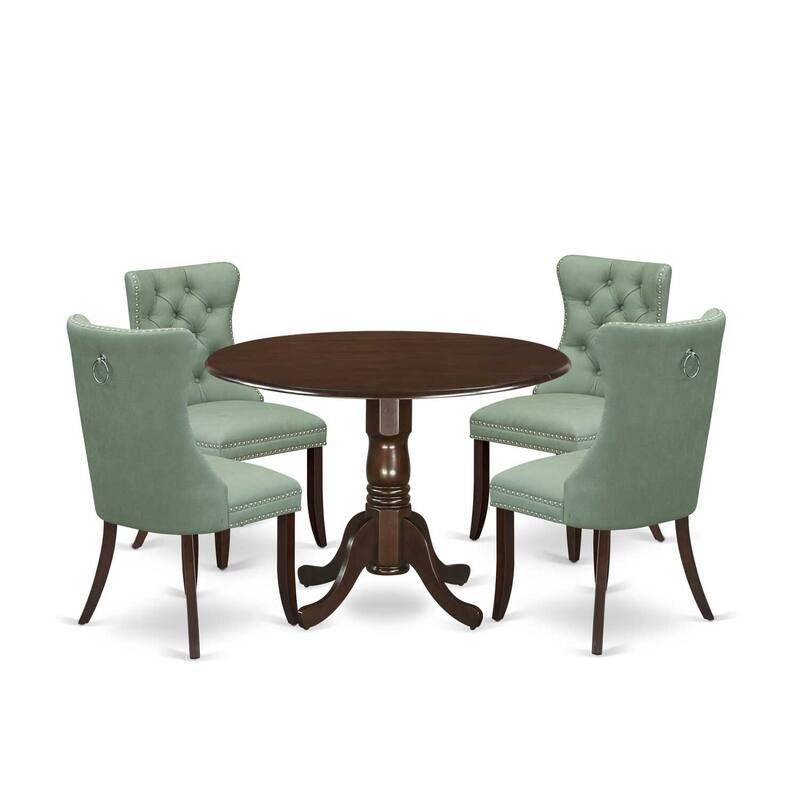 Round Dining Table Set with 4 Chairs, Kitchen Table Set, Mahogany Table & Upholstered Chairs, 5 Piece Set