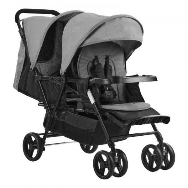 slide 2 of 3, Foldable Lightweight Twin Stroller with Canopy, Tray and Shock Wheels - 47.2” L x 21.1” W x 40.2” H