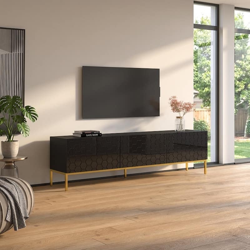 Meble Furniture Hexa 01 75" TV Stand with High Gloss Finish, for up to 85" TVs - 74.8"W x 20.3"H