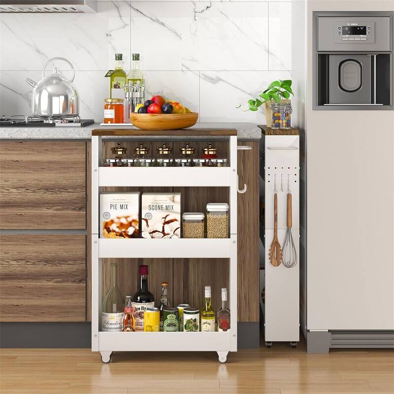 4Tier Kitchen Rolling Cart Narrow Storage Cabinet with Handle - 16.7"D x 5"W x 32"H