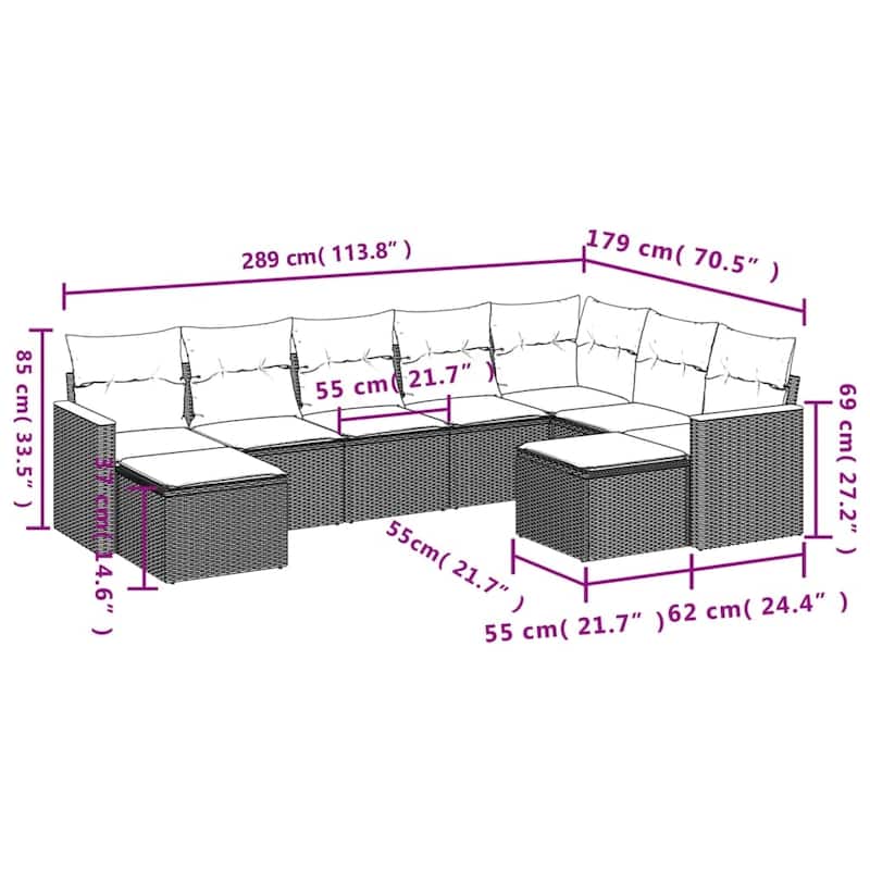 vidaXL Patio Sofa Set with Cushions Outdoor Conversation Furniture Poly Rattan - 24.4 x 24.4 x 27.2 in