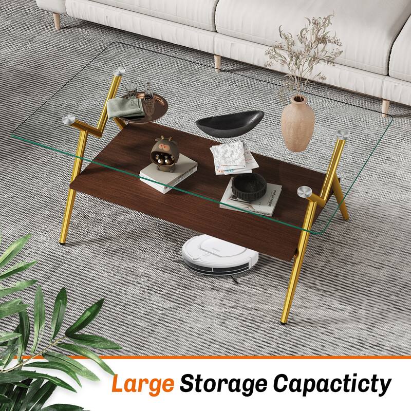 Rectangle Coffee Table with Tempered Glass Top and Shelf for Living Room