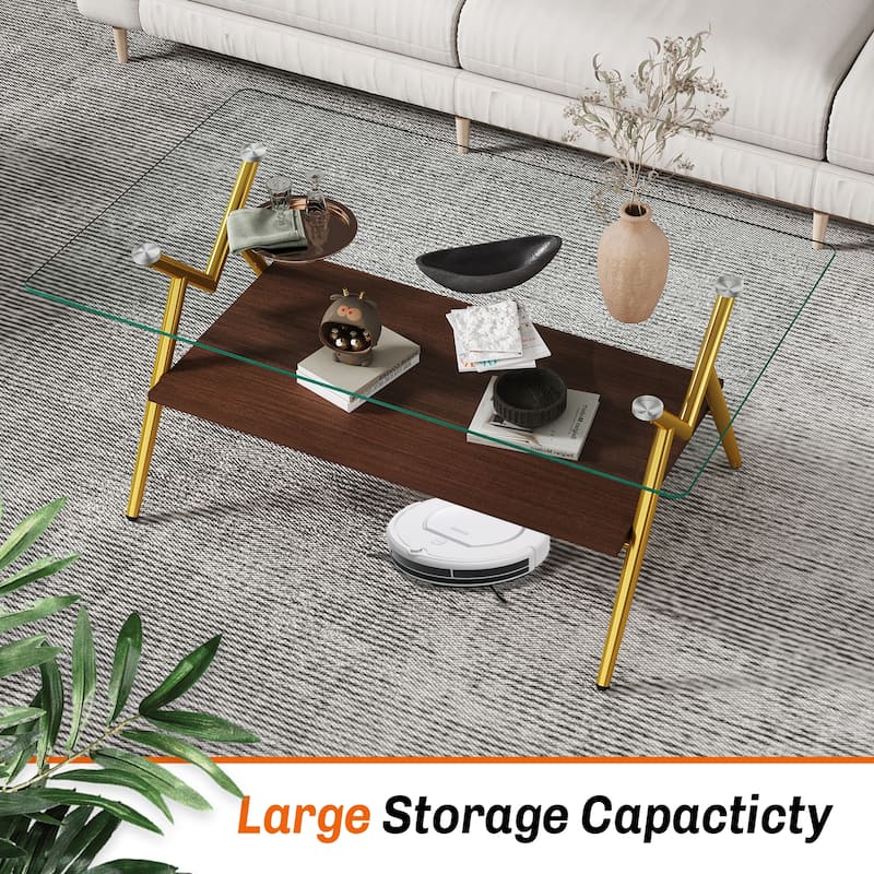 Rectangle Coffee Table with Tempered Glass Top and Shelf