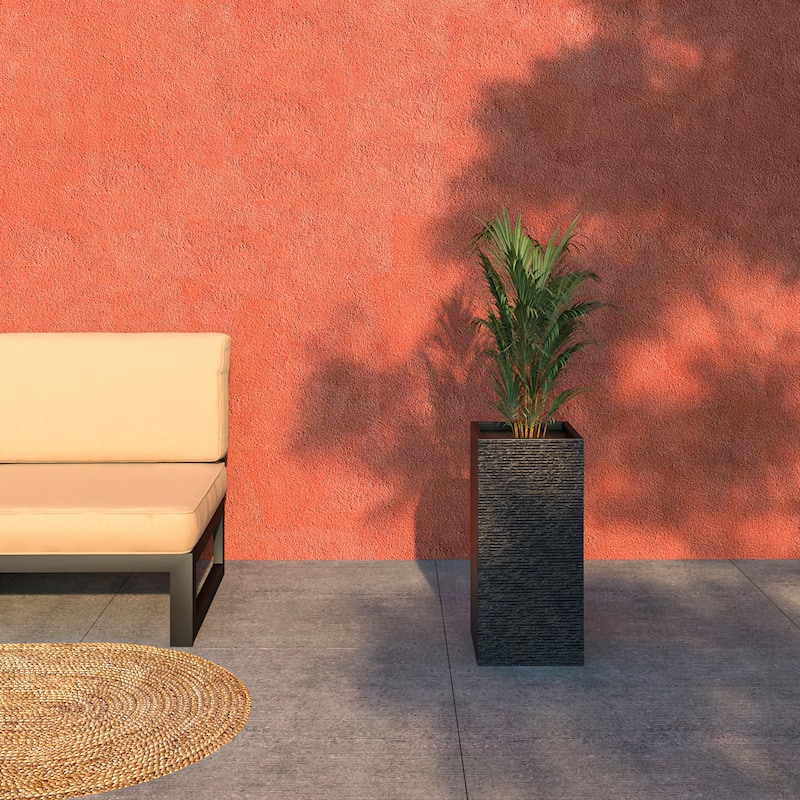 Basalt Modern Tall Square MGO Fiberstone Planter Pot Weather-Resistant Design for Indoor Outdoor Patio with Drainage - 24 Inch - Black