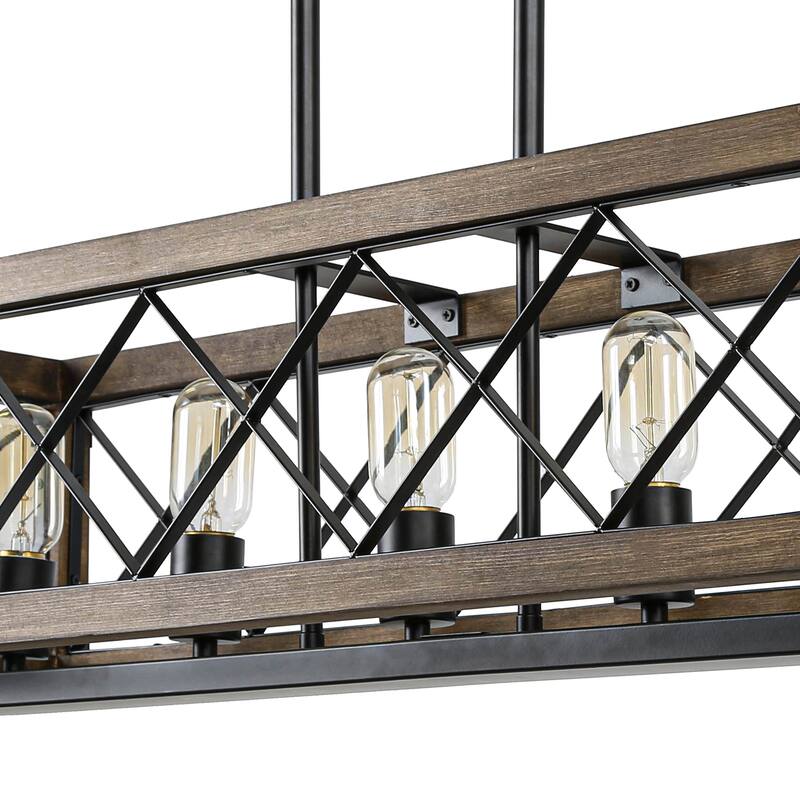Farmhouse 5-Light Rectangle Wood Chandelier Rustic Island Lights for Dining Kitchen Island