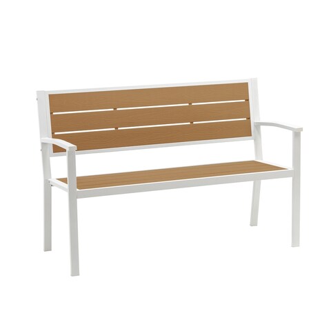 Patio Bench in White Stainless Steel and Poly Resin with Wood Finish - 50.39-in L x 21.25-in W x 33.86-in H