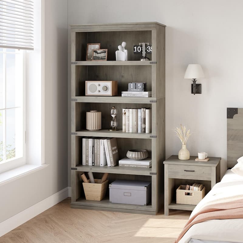 5 Tier Farmhouse Bookcase, 67.4" Tall Book Shelf with Storage, Wooden Bookshelves 5 Shelf