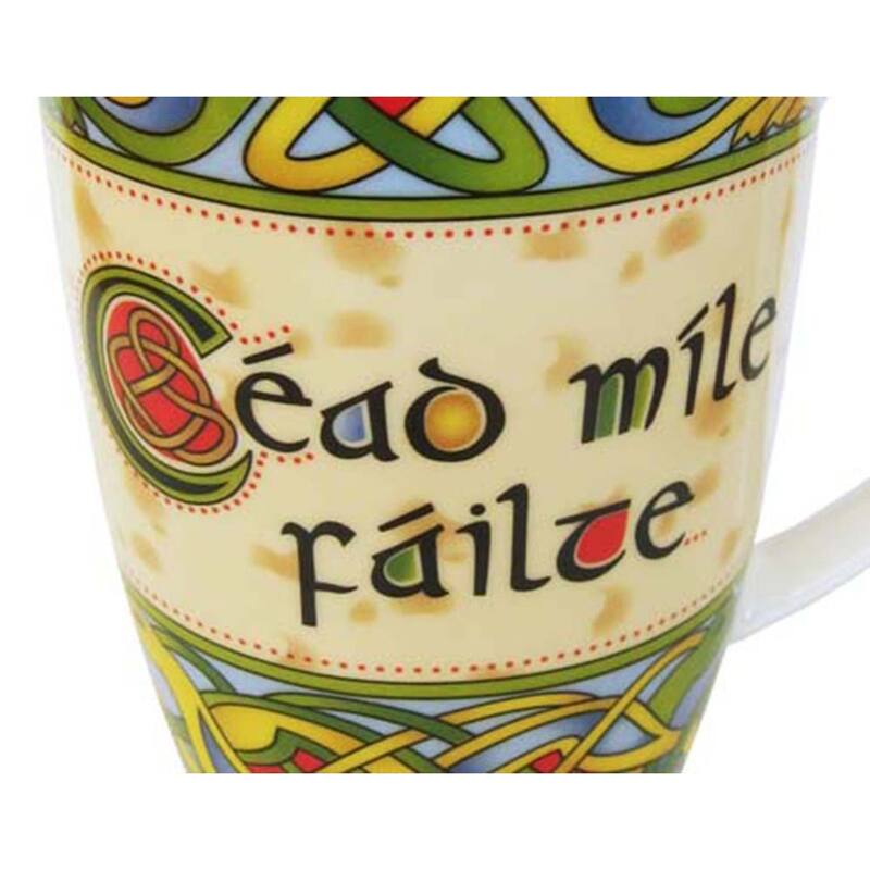 14fl oz Glossy Bone China Mug with Intricate Irish Manuscript and Warm Cead Mile Failte Message